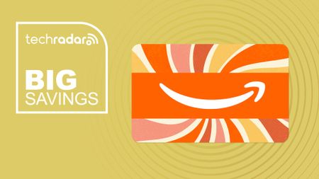 Amazon branded gift card on yellow background with big savings text overlay