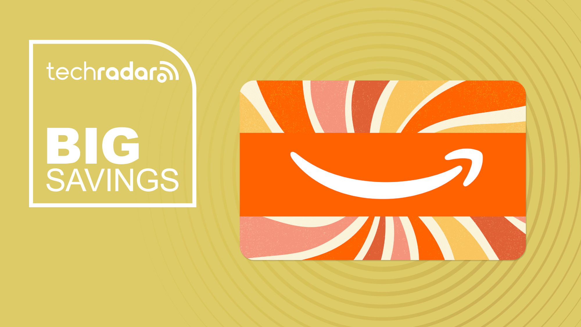 Amazon branded gift card on yellow background with big savings text overlay