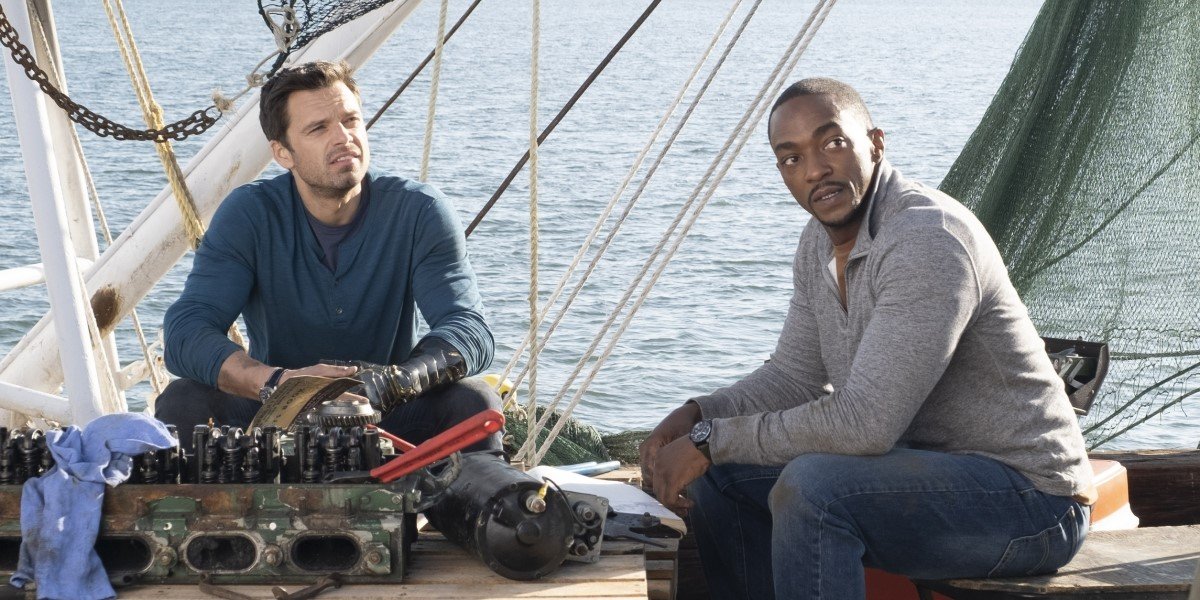 Sam Wilson and Bucky Barnes on a boat in The Falcon and the Winter Soldier