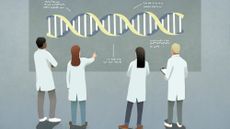 An illustration of people wearing lab coats stand in front of a board with a DNA double helix on it