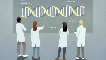 An illustration of people wearing lab coats stand in front of a board with a DNA double helix on it
