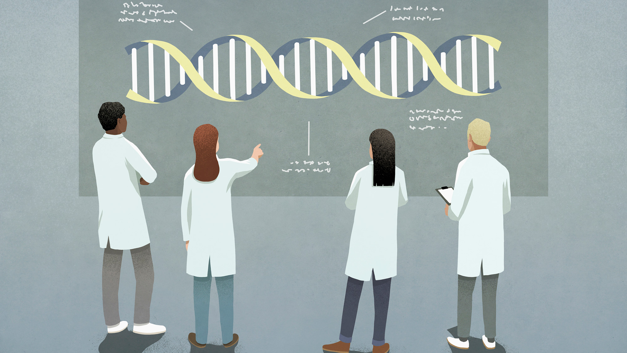 An illustration of people wearing lab coats stand in front of a board with a DNA double helix on it