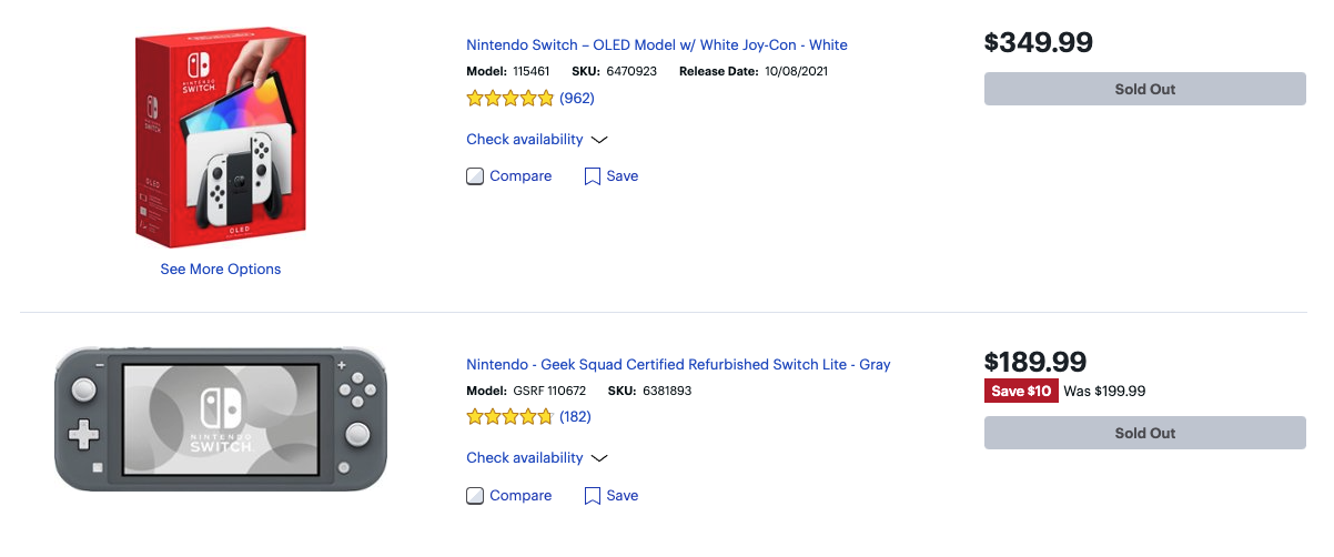 Best Buy Nintendo Switch page showing sold out deals