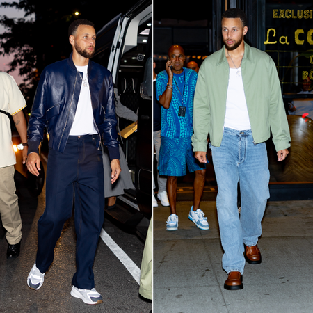 A collage of photos showcasing outfits worn by Steph Curry.