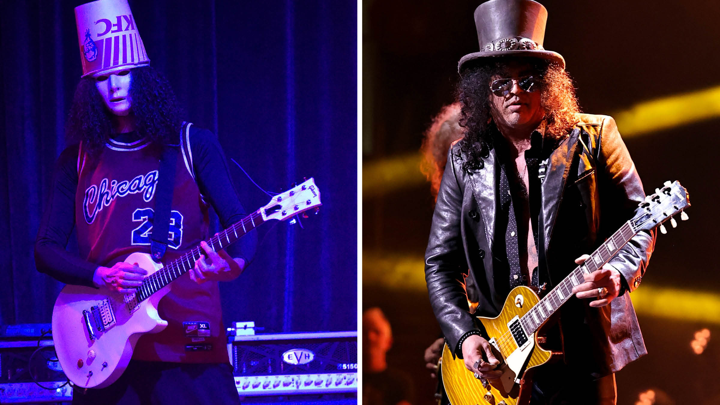 Buckethead plays a bone-white Les Paul and performs in a basketball vest with... a KFC bucket on his head as a hat. On the right, a top-hatted, leather-jacket wearing Slash takes a solo on his Les Paul.
