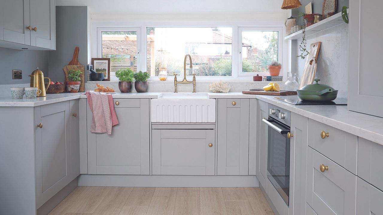 Grey shaker kitchen with belfast sink