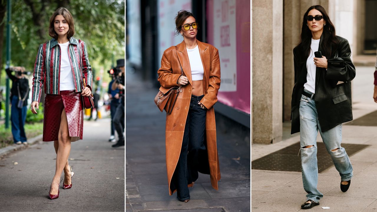 split image of street style stars wear white t-shirts while attending milan london spring/summer 2025 fashion week 