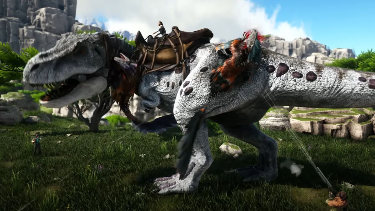 A T-Rex and player storming through heards of raptors in Ark&#039;s Valguero map