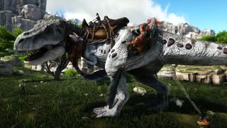 A T-Rex and player storming through heards of raptors in Ark's Valguero map