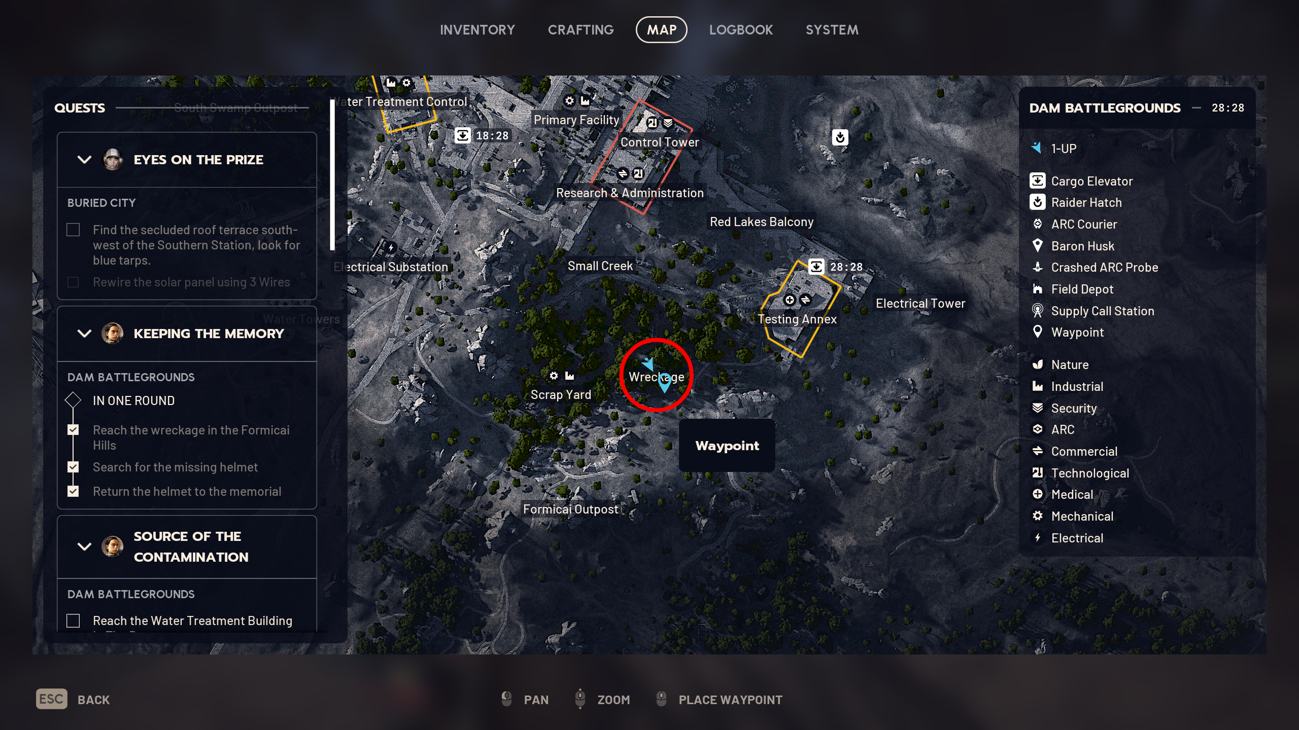 Arc Raiders Keeping the Memory: A map with a red circle showing the location of the Wreckage in the Formicai Hills to the southeast of Dam Battlegrounds.