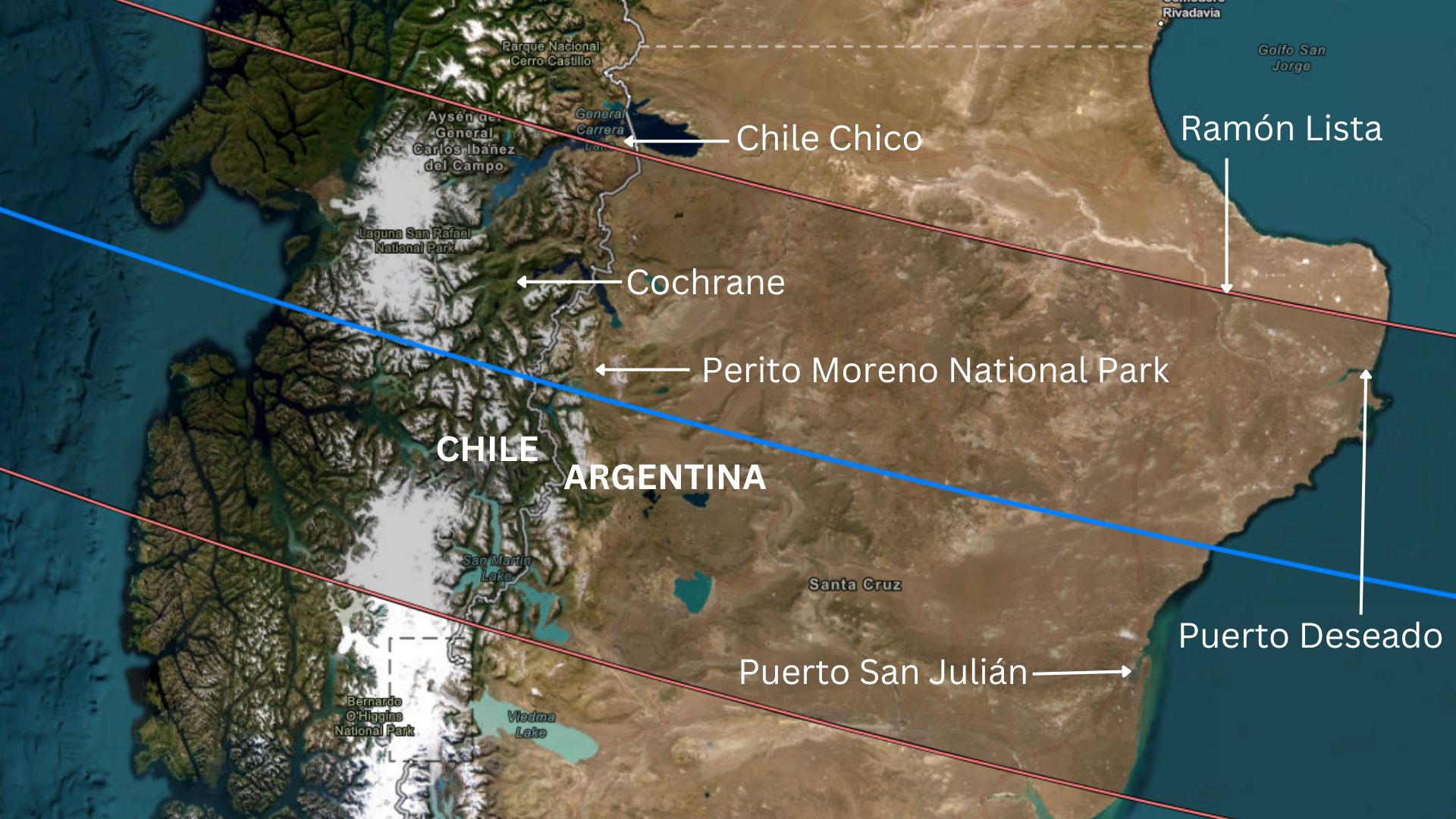 a map of south america, showing the path of annularity passing through parts of chile and argentina.