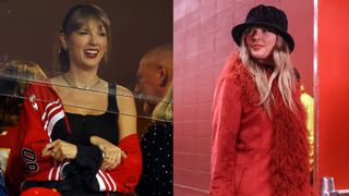 two side by side images of Taylor Swift at chiefs games wearing a red chiefs jacket and a faux fur coat