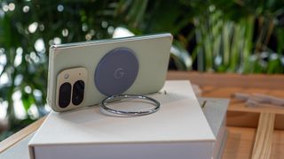 A Pixelsnap Ring on the back of a folded Google Pixel 10 Pro Fold