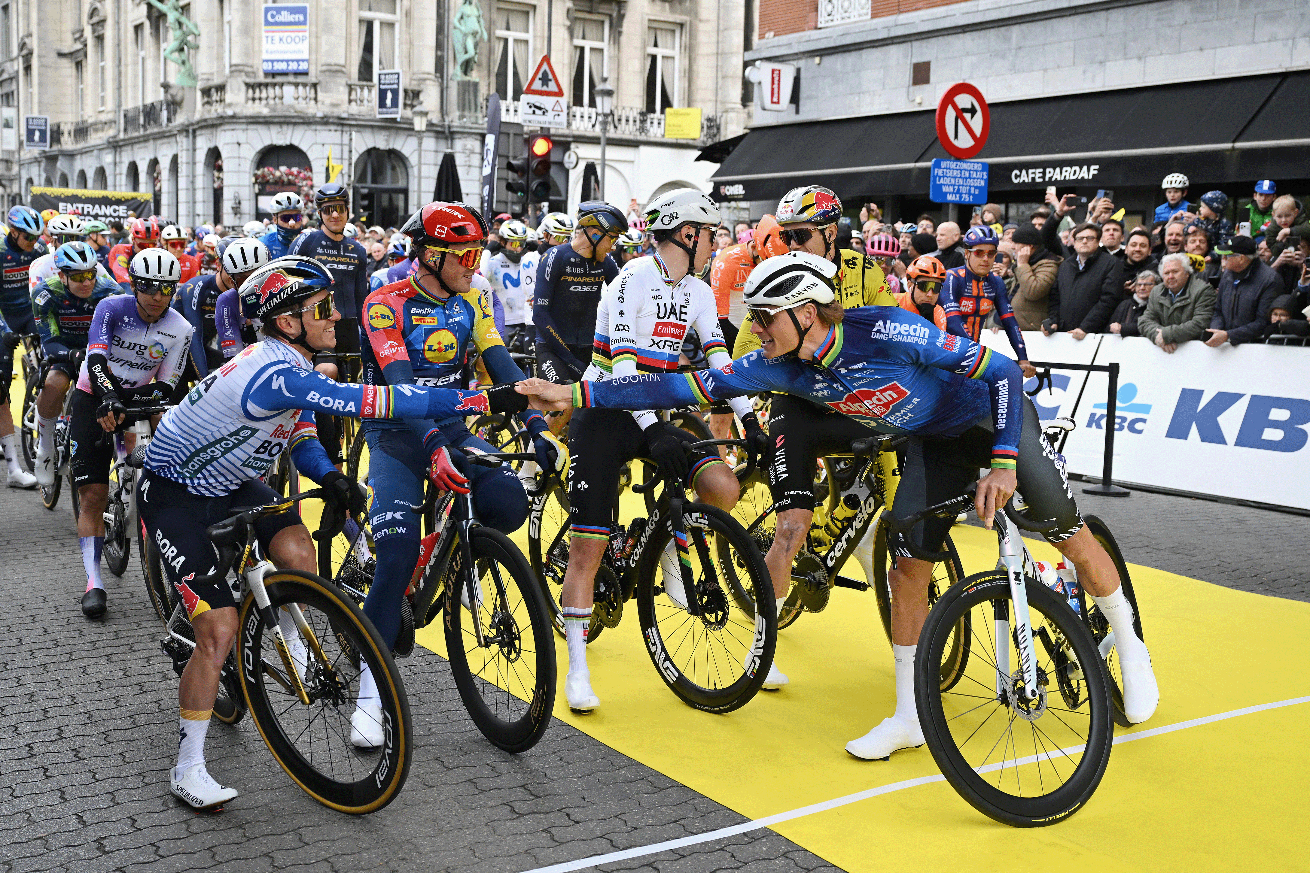 ANTWERP, BELGIUM - APRIL 05: (L-R) Remco Evenepoel of Belgium and Team Red Bull - BORA - hansgrohe, Mads Pedersen of Denmark and Team Lidl - Trek, Tadej Pogacar of Slovenia and UAE Team Emirates - XRG, Wout van Aert of Belgium and Team Visma | Lease a Bike and Mathieu van der Poel of Netherlands and Team Alpecin-Premier Tech prior to the 110th Tour of Flanders - Ronde van Vlaanderen 2026 - Men's Elite a 278.6km one day race from Antwerp to Oudenaarde / #UCIWT / on April 05, 2026 in Antwerp, Belgium. (Photo by Dario Belingheri/Getty Images)