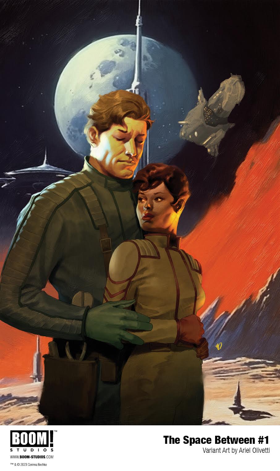 cover of a comic book showing a man and a woman with a planet and two spacecraft in the background