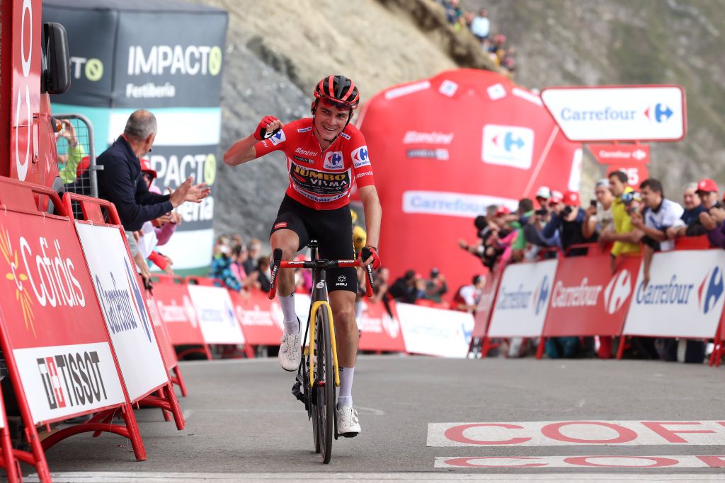 COL DU TOURMALET FRANCE SEPTEMBER 08 Sepp Kuss of The United States and Team JumboVisma Red Leader Jersey crosses the finish line as second place during the 78th Tour of Spain 2023 a 1347km stage from Formigal Huesca la Magia to Col du Tourmalet 2115m UCIWT on September 08 2023 in Col du Tourmalet France Photo by Alexander HassensteinGetty Images