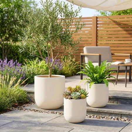Foukus 9.8",11.4",13" Dia Round Concrete-Like Plastic Planter Set of 3, Modern Style Large Cylindrical Plant Pot With Drainage Hole for Indoor Outdoor Patio, Beige