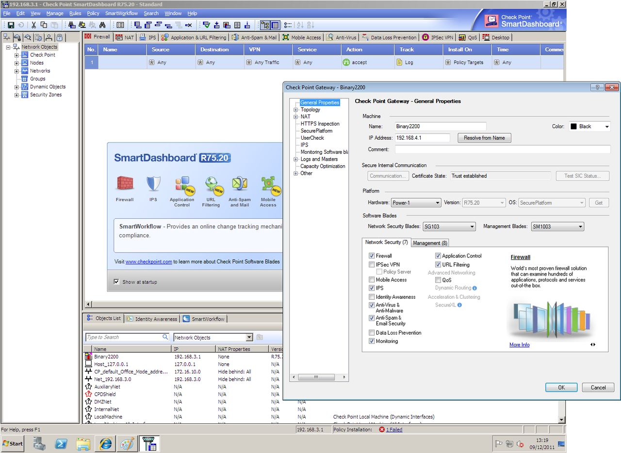 All further management is from the SmartDashboard utility and the software blades can be activated from the appliance&rsquo;s Prope