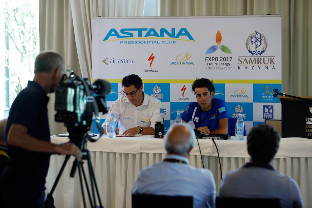 Fabio Aru talks at the Astana press conference.