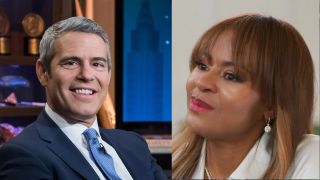 Andy Cohen smiling in an official WWHL photo and Mary Cosby talking to Meredith side by side 