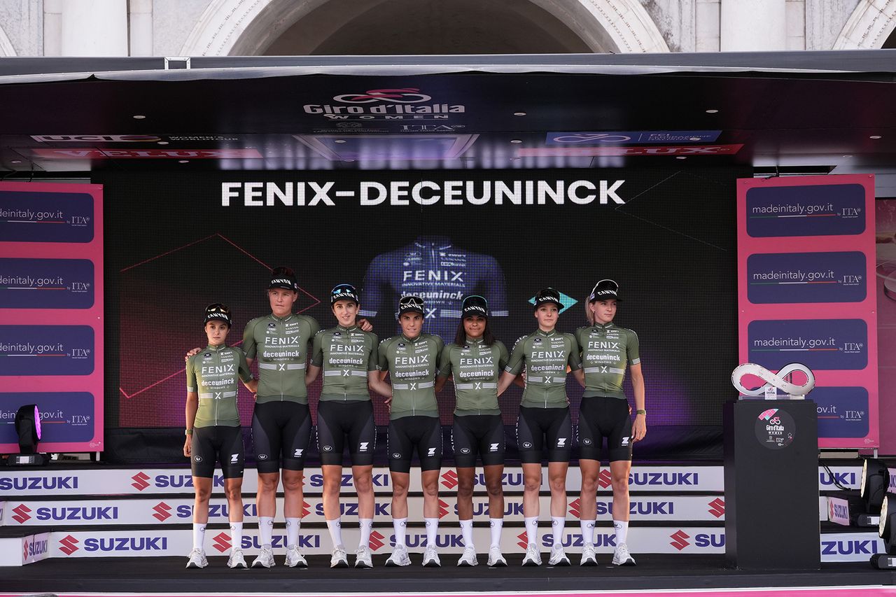 Fenix-Deceuninck on stage at the 2024 Giro d'Italia Women at the teams presentation at the Piazza della Loggia in Brescia