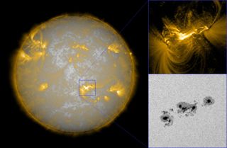 An image of the sun on Feb. 15, 2011, using composite data of the sun's surface from SDO/HMI and the sun's corona from SDO/AIA. The cutout region shows (bottom) the five rotating sunspots of the active region (AR 11158), and (top) the bright release of li