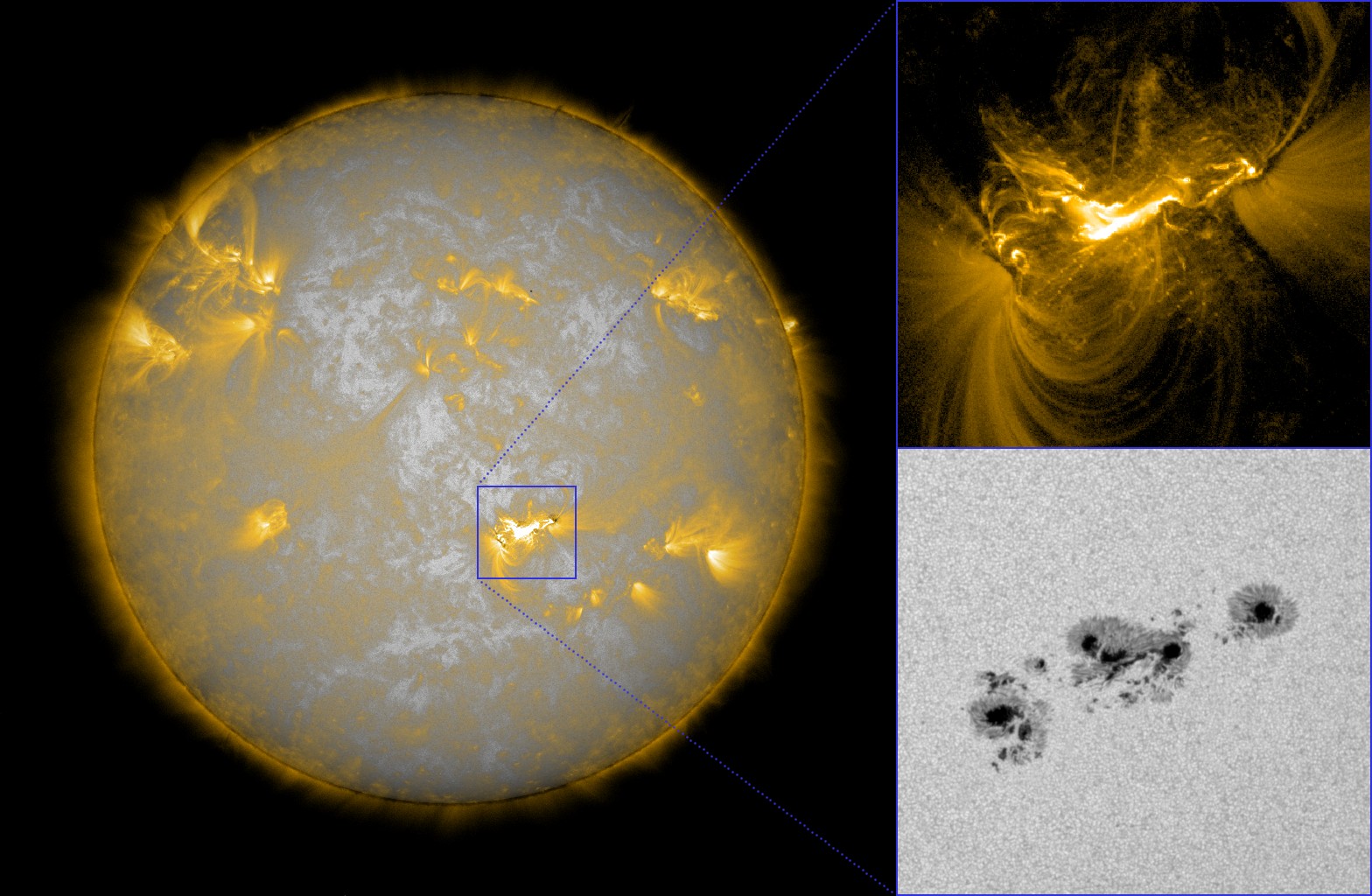 An image of the sun on Feb. 15, 2011, using composite data of the sun&#039;s surface from SDO/HMI and the sun&#039;s corona from SDO/AIA. The cutout region shows (bottom) the five rotating sunspots of the active region (AR 11158), and (top) the bright release of li