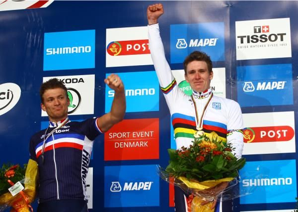 Silver medalist Adrien Petit and gold medalist Arnaud Demare.