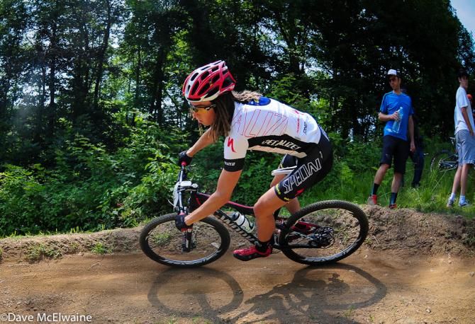 A Specialized rider on the downhill switchbacks