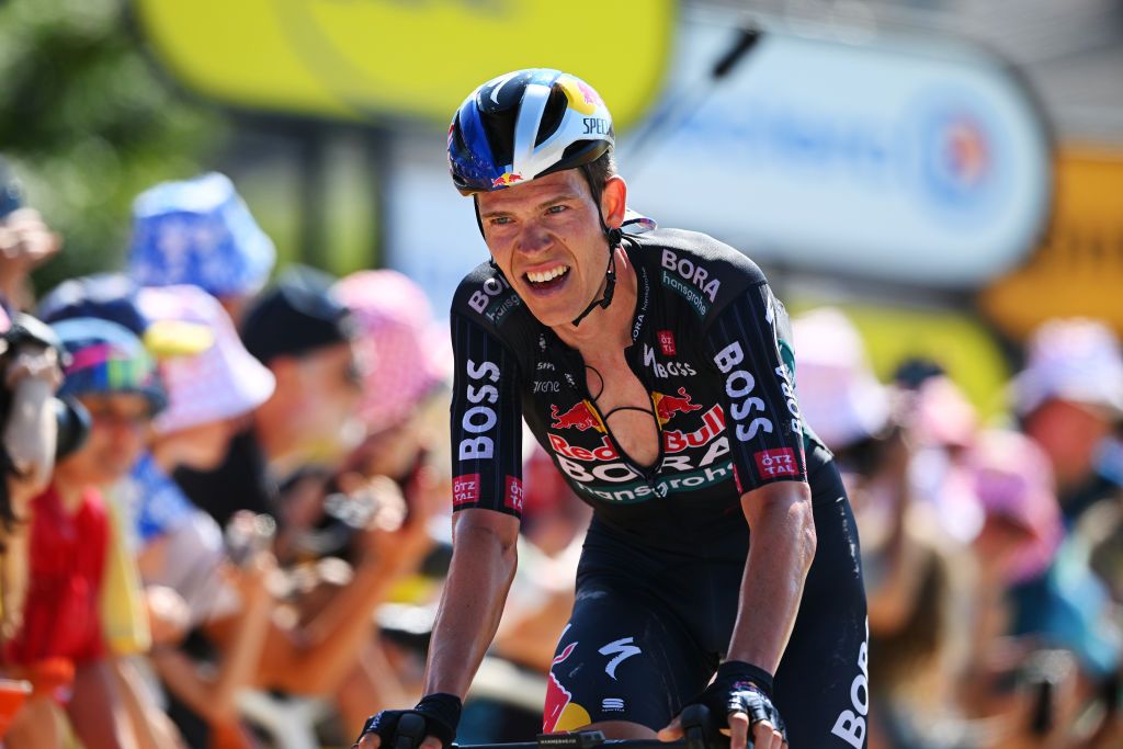 SUPERDEVOLUY LE DEVOLUY FRANCE JULY 17 Bob Jungels of Luxembourg and Team Red Bull BORA hansgrohe crosses the finish line during the 111th Tour de France 2024 Stage 17 a 1778km stage from SaintPaulTroisChateaux to Superdevoluy 1500m UCIWT on July 17 2024 in Superdevoluy Le Devoluy France Photo by Dario BelingheriGetty Images