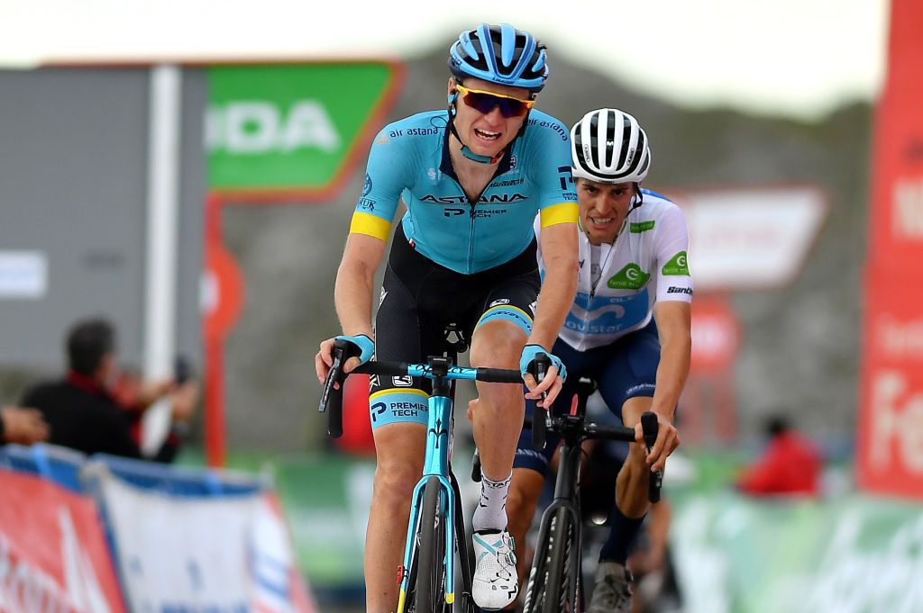 ALTODELANGLIRU SPAIN NOVEMBER 01 Arrival Aleksander Vlasov of Russia and Astana Pro Team Enric Mas Nicolau of Spain and Movistar Team White Best Young Jersey during the 75th Tour of Spain 2020 Stage 12 a 1094km stage from Pola de Laviana to Alto de lAngliru 1560m lavuelta LaVuelta20 La Vuelta on November 01 2020 in Alto de lAngliru Spain Photo by Justin SetterfieldGetty Images