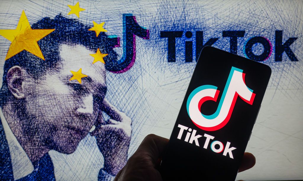 TikTok logo with sketch of TikTok CEO Shou Zi Chew.