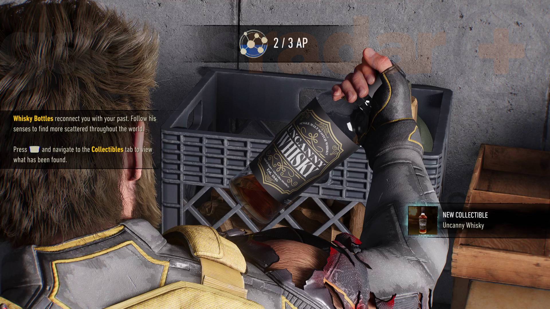 Marvel's Wolverine holding Uncanny Whiskey bottle with tutorial tooltip and 2 AP gained