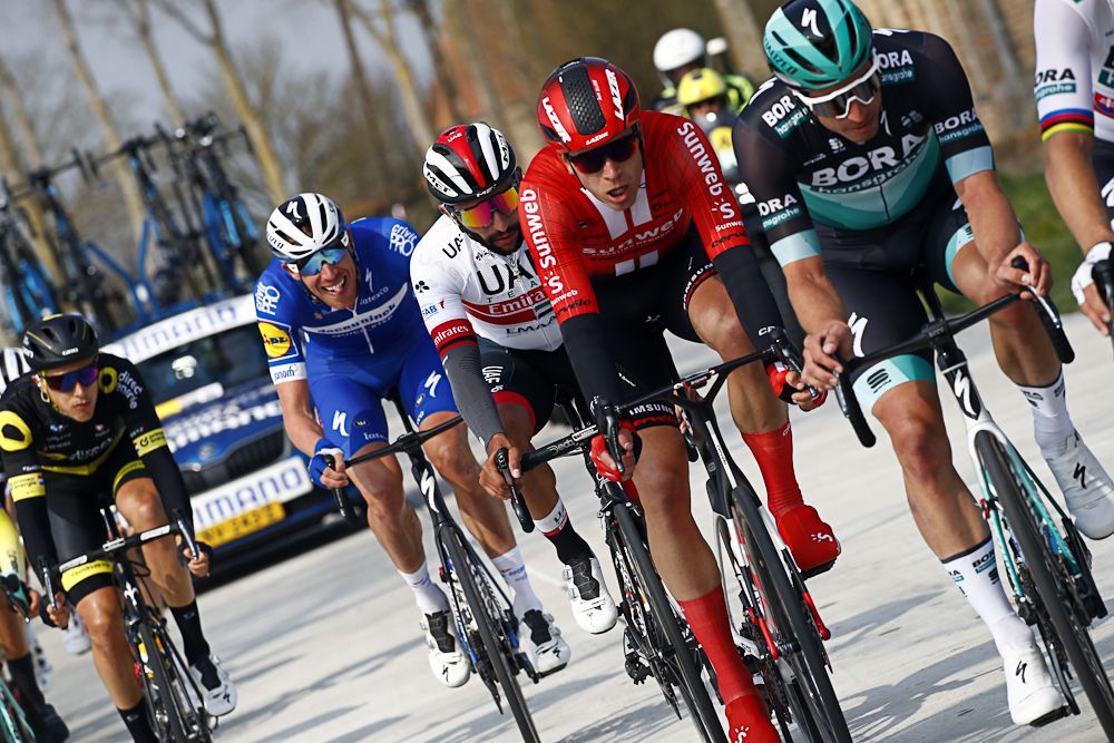 Fernando Gaviria (UAE Team Emirates) tucked away safely at Gebt-Wevelgem