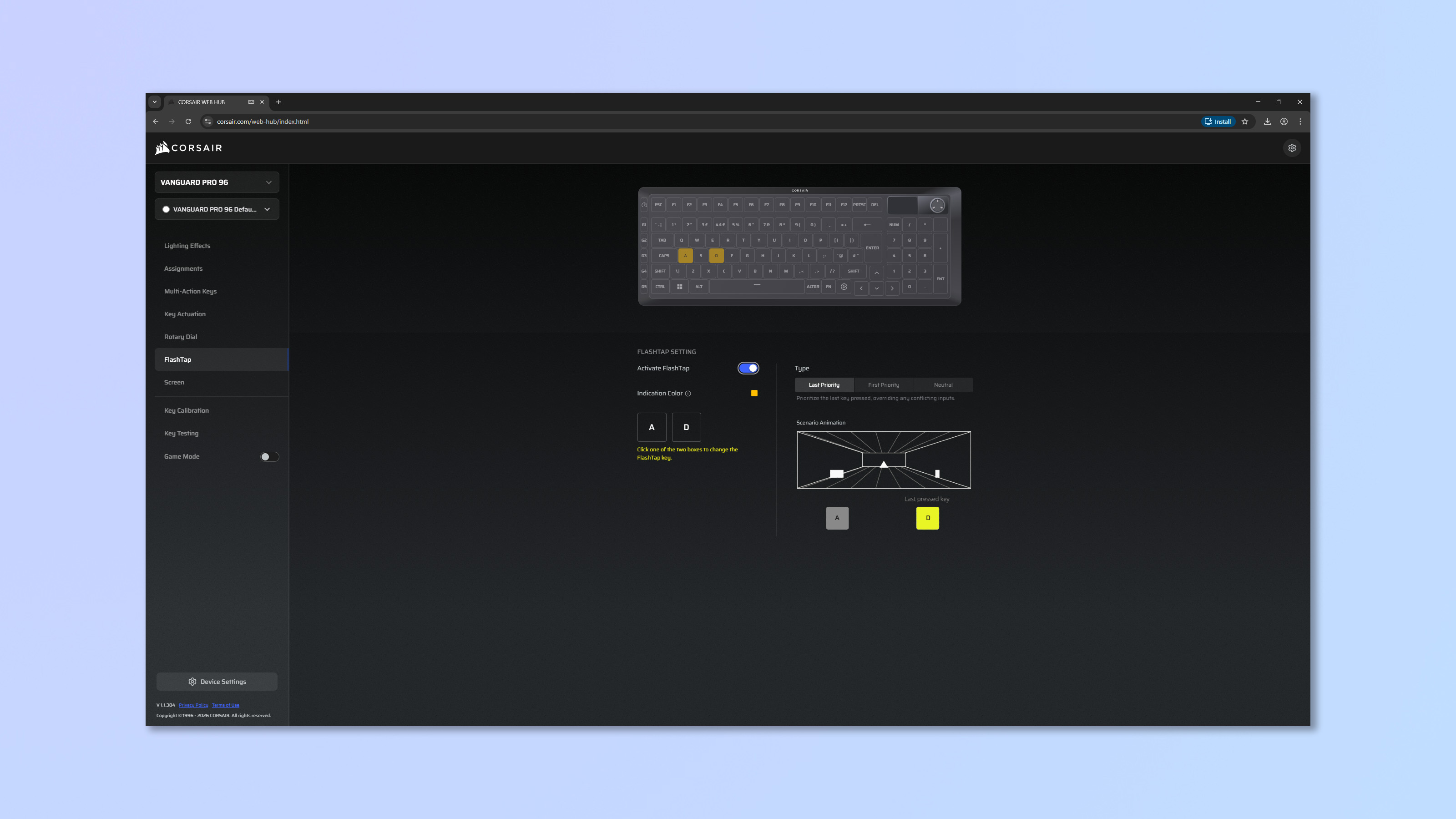 A screenshot showing the Corsair Web Hub being used to modify the Corsair Vanguard Pro 96
