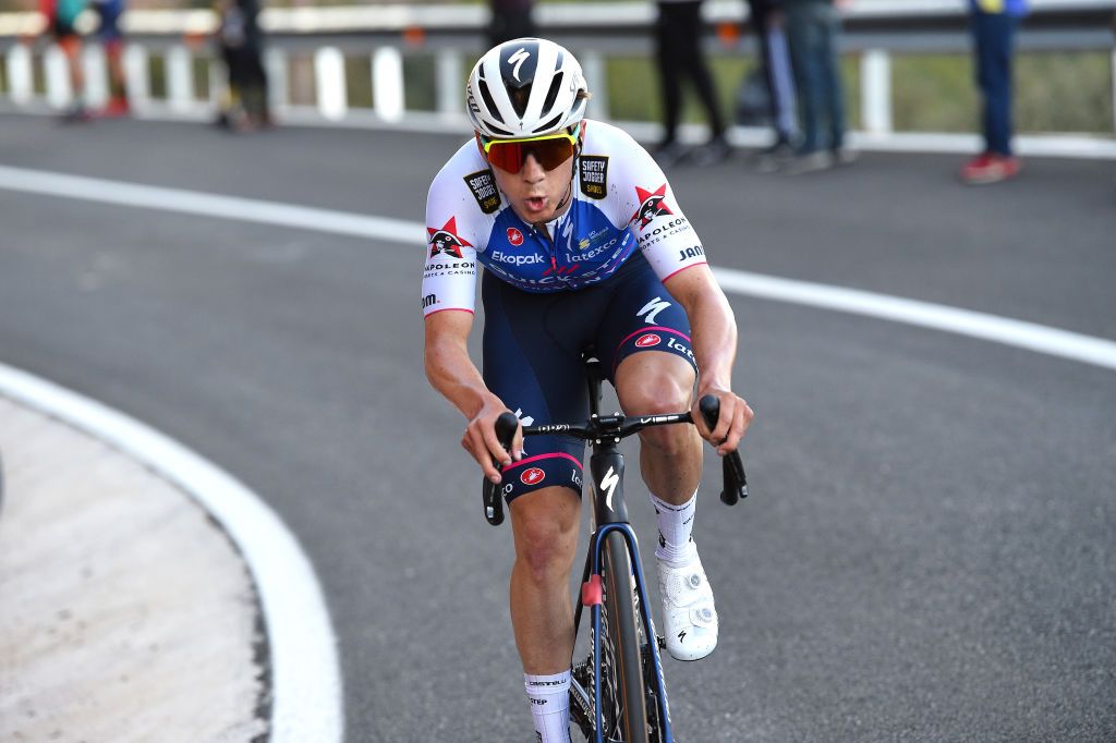 TORRALBA DEL PINAR SPAIN FEBRUARY 02 Remco Evenepoel of Belgium and Team QuickStep Alpha Vinyl attacks to win the 73rd Volta A La Comunitat Valenciana 2022 Stage 1 a 1667km stage from Les Alqueries to Torralba Del Pinar 735m VCV2022 on February 02 2022 in Torralba Del Pinar Spain Photo by Dario BelingheriGetty Images