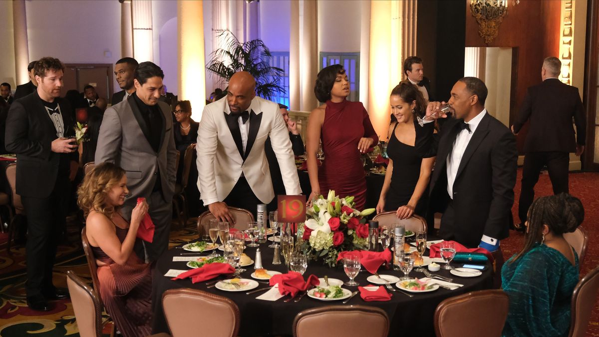 Kiele Sanchez, Carlos Miranda, Boris Kodjoe, Barrett Doss, Jaina Lee Ortiz, Jason George and Chandra Wilson at a formal event in Station 19 season 6 finale