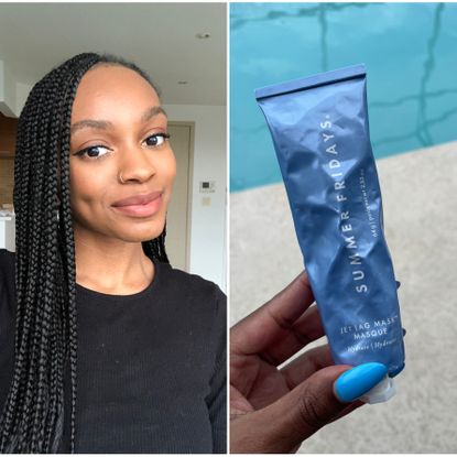 a side by side of a selfie and a person holding a tube of moisturizer