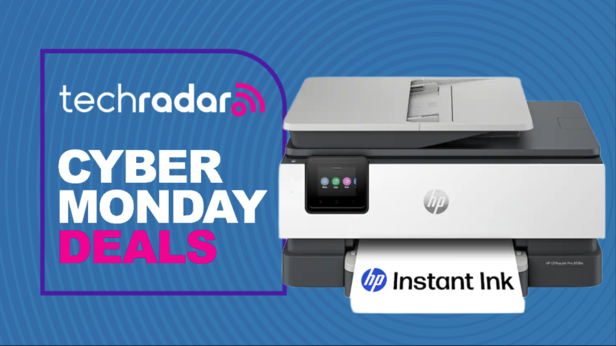 A HP OfficeJet Pro 8135e printer on a blue background next to a TechRadar badge reading 'Cyber Monday deals'