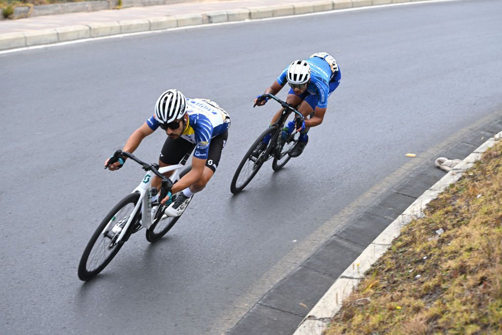 UNJA COLOMBIA FEBRUARY 08 LR Bernardo Suaza of Colombia and Team Petrolike Best Teammate Jersey and David Santiago Gomez of Colombia and Team Sistecredito Blue Especial Sprint Jersey compete in the breakaway during the 4th Tour Colombia 2024 Stage 3 a 1419km stage from Tunja to Tunja on February 08 2024 in Tunja Colombia Photo by Maximiliano BlancoGetty Images