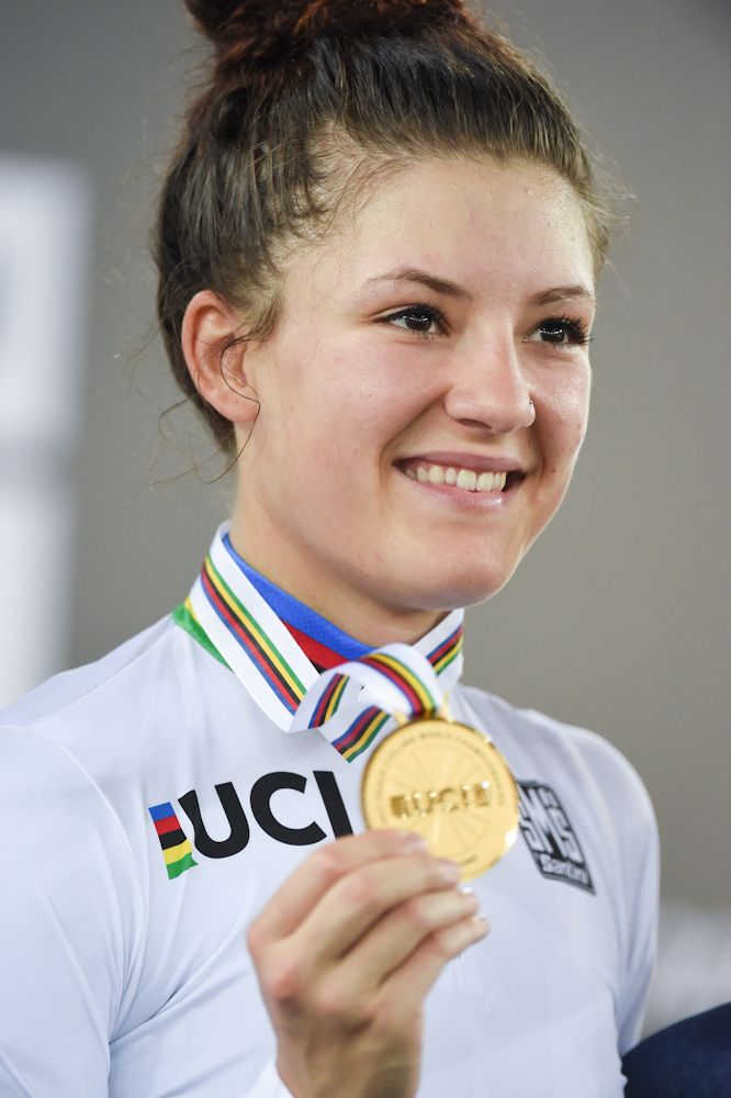 Chloe Dygert of USA celebrates winning in the Women's Individual Pursuit's prize ceremony