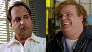 Jon Lovitz in a white coat in Coneheads, Chris Farley in blue mechanic's jacket in Coneheads.