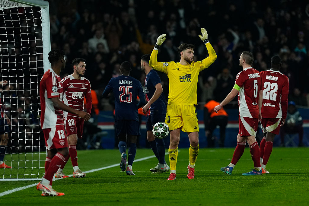 Brest&#039;s goalkeeper reacts to conceding once more against PSG
