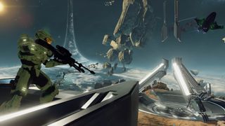 best Halo games: Master Chief standing on a raised platform, a sniper rifle at the ready