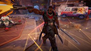 Marvel Rivals Blade: A full-body shot of Blade walking while firing his shotgun in his right hand and holding his sword down in his left hand, surrounded by Peni's minefield.