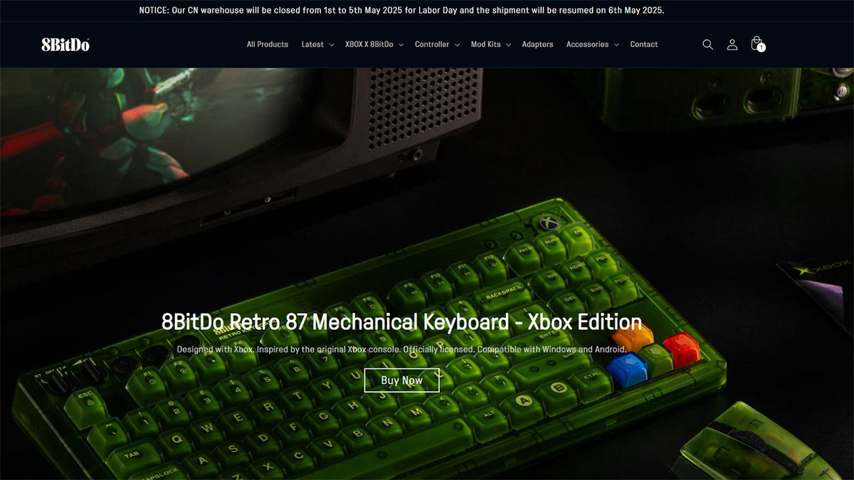 A screenshot of 8BitDo's official webstore with a notice for halt in U.S. shipments on top