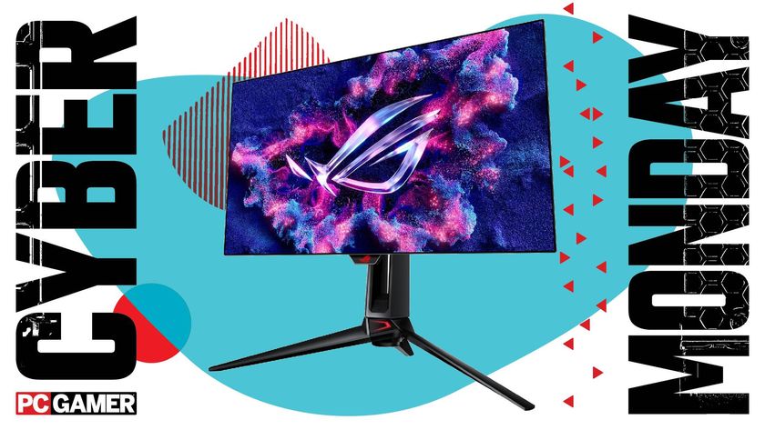 An Asus ROG Swift PG27AQDP gaming monitor on a Cyber Monday background