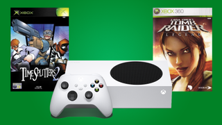 Xbox Series S in front of TimeSplitters 2 and Tomb Raider Legend box arts