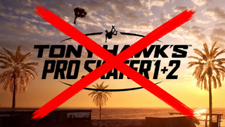 A large red cross overlays the Tony Hawk's Pro Skater 1+2 promotional artwork, symbolizing its removal from the upcoming Xbox Game Pass lineup.