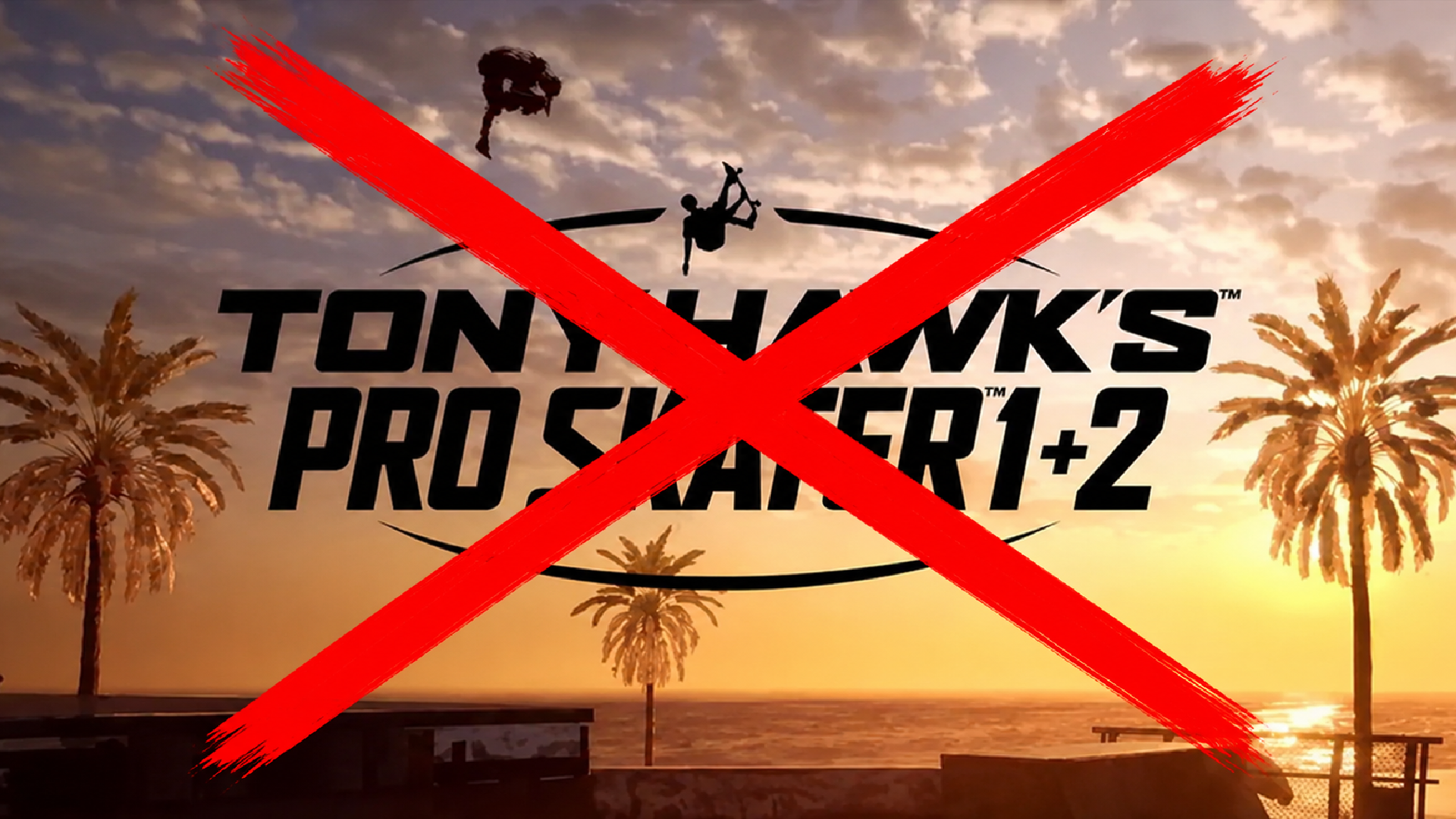 A large red cross overlays the Tony Hawk's Pro Skater 1+2 promotional artwork, symbolizing its removal from the upcoming Xbox Game Pass lineup.